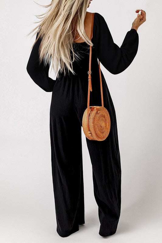 Women Square Neck Long Sleeve Wide Leg Jumpsuit