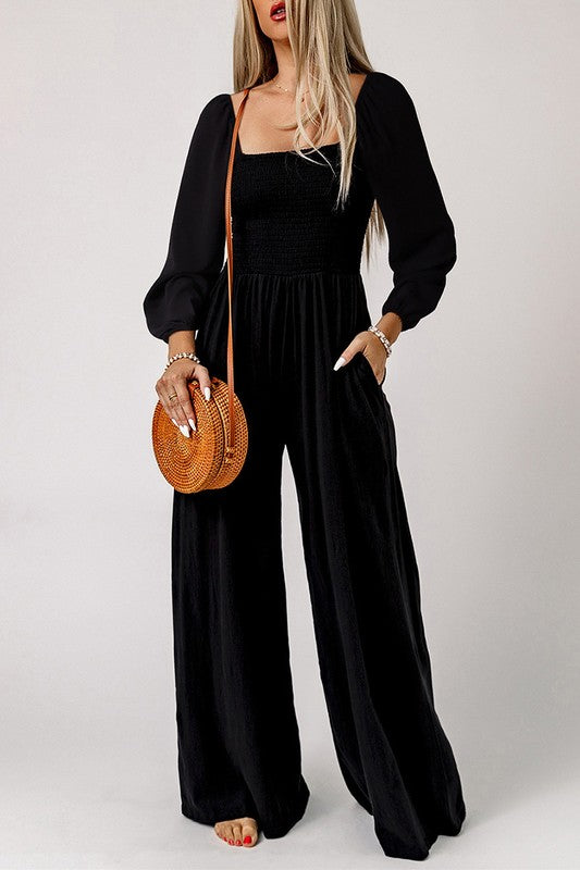 Women Square Neck Long Sleeve Wide Leg Jumpsuit