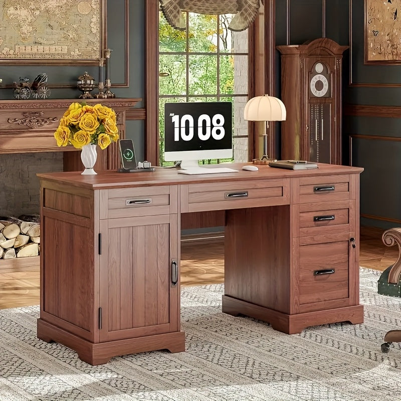 55&quot; Rustic Farmhouse Executive Desk with Power Outlets, Home Office Desk with 4 Drawers and Cabinet, Mixed Color Wood &amp; Metal Design, Compact Storage for Small Spaces, Easy Assembly, Desk Accessories Office
