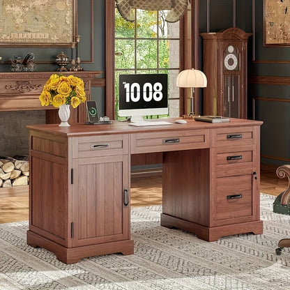 55&quot; Rustic Farmhouse Executive Desk with Power Outlets, Home Office Desk with 4 Drawers and Cabinet, Mixed Color Wood &amp; Metal Design, Compact Storage for Small Spaces, Easy Assembly, Desk Accessories Office
