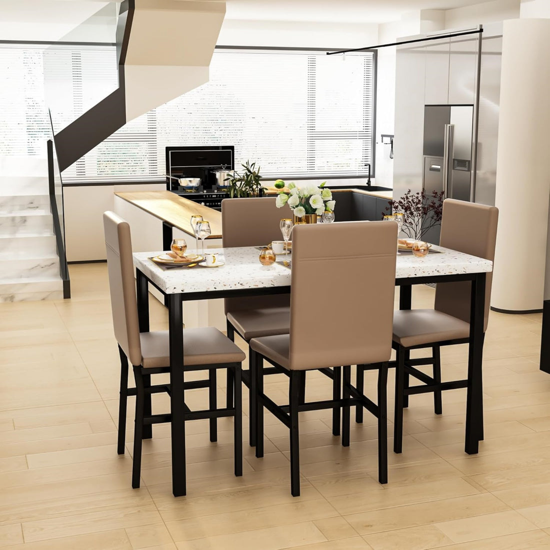 5-Piece Faux Marble Dining Table Set, Kitchen Rectangular Table and Chairs for 4
