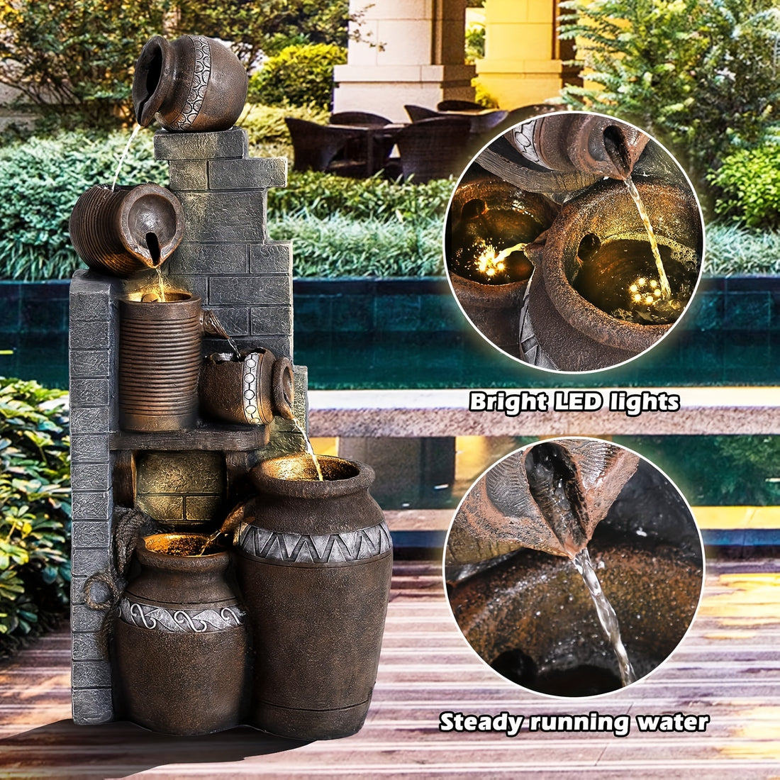 6-Tier Modern Floor-Standing Fountain - Outdoor Water Fountain With LED Lights And Pump - Brick