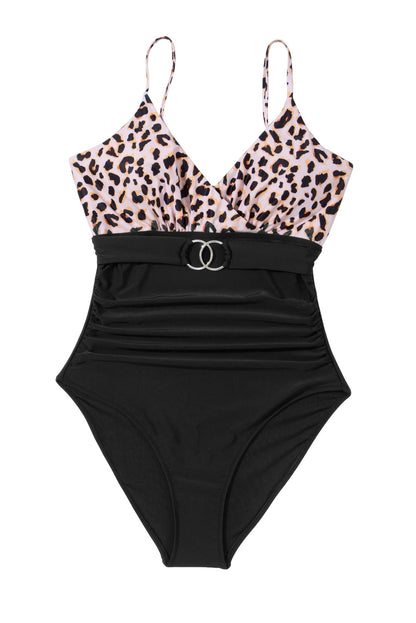 Black Animal Print Belted Ruched V Neck One-piece Swimsuit