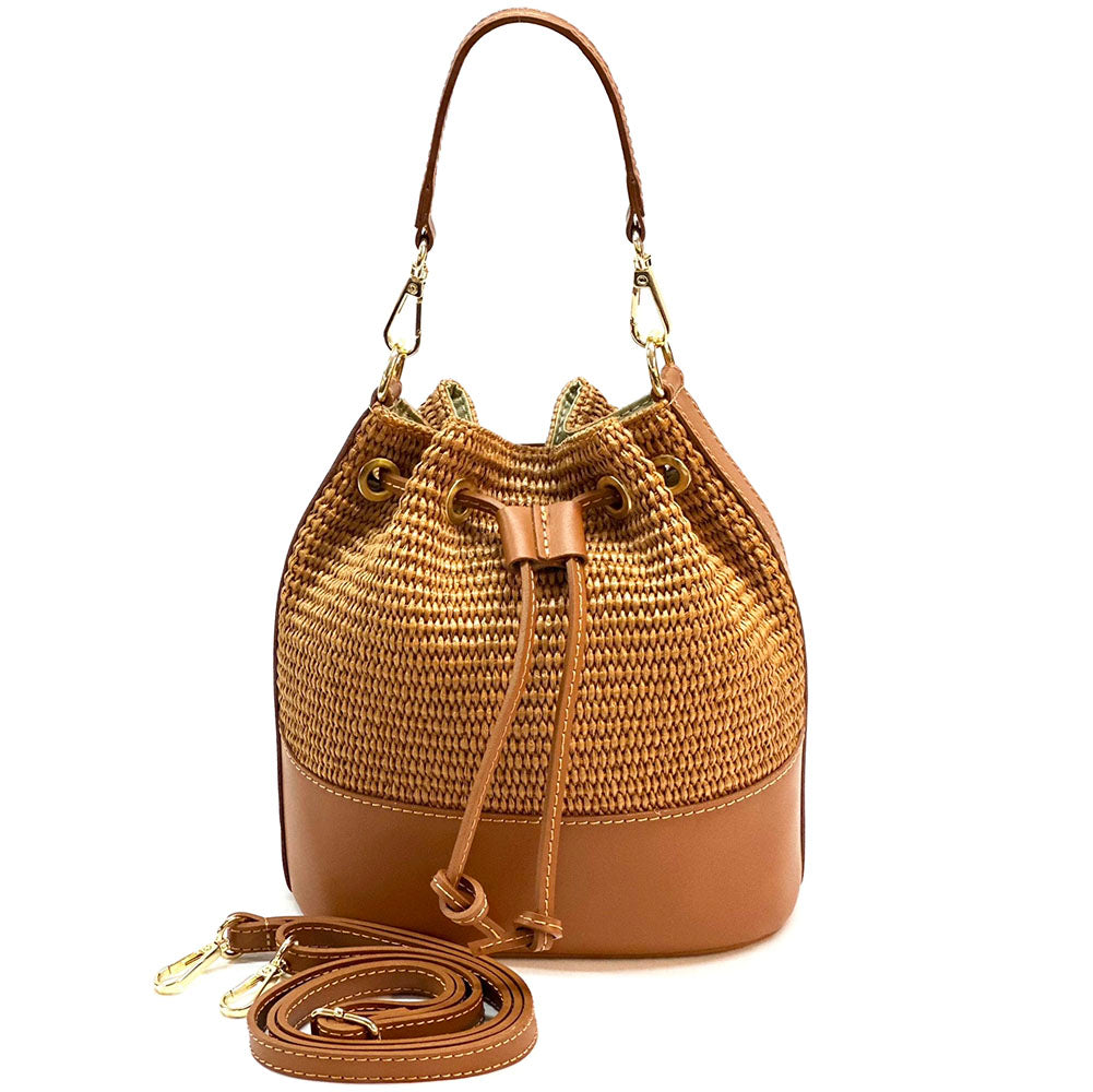 Ischia Bucket Bag in Rafia and Italian Leather - Made In Italy