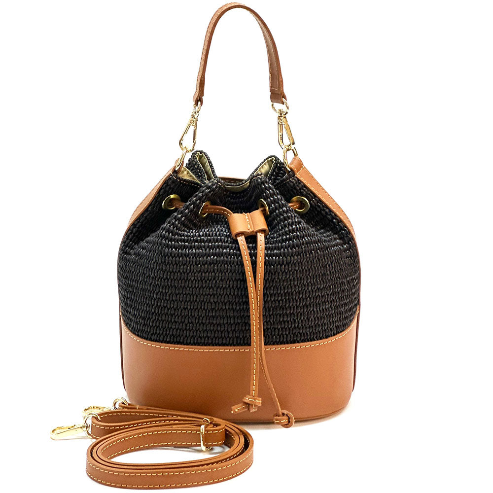 Ischia Bucket Bag in Rafia and Italian Leather - Made In Italy