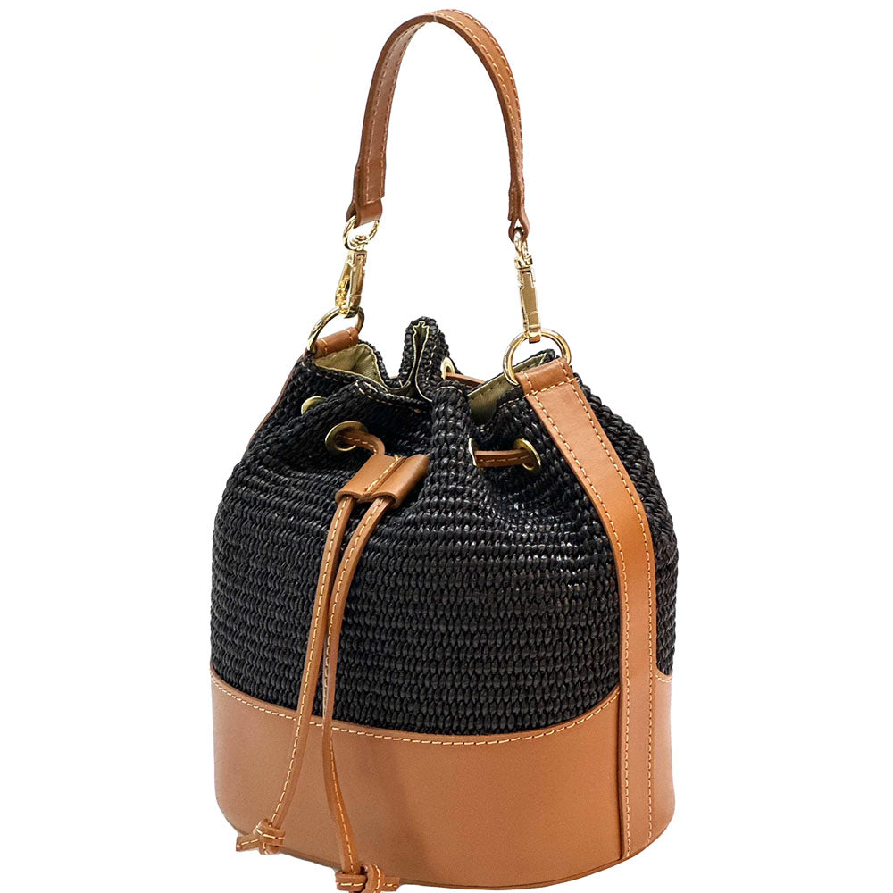 Ischia Bucket Bag in Rafia and Italian Leather - Made In Italy