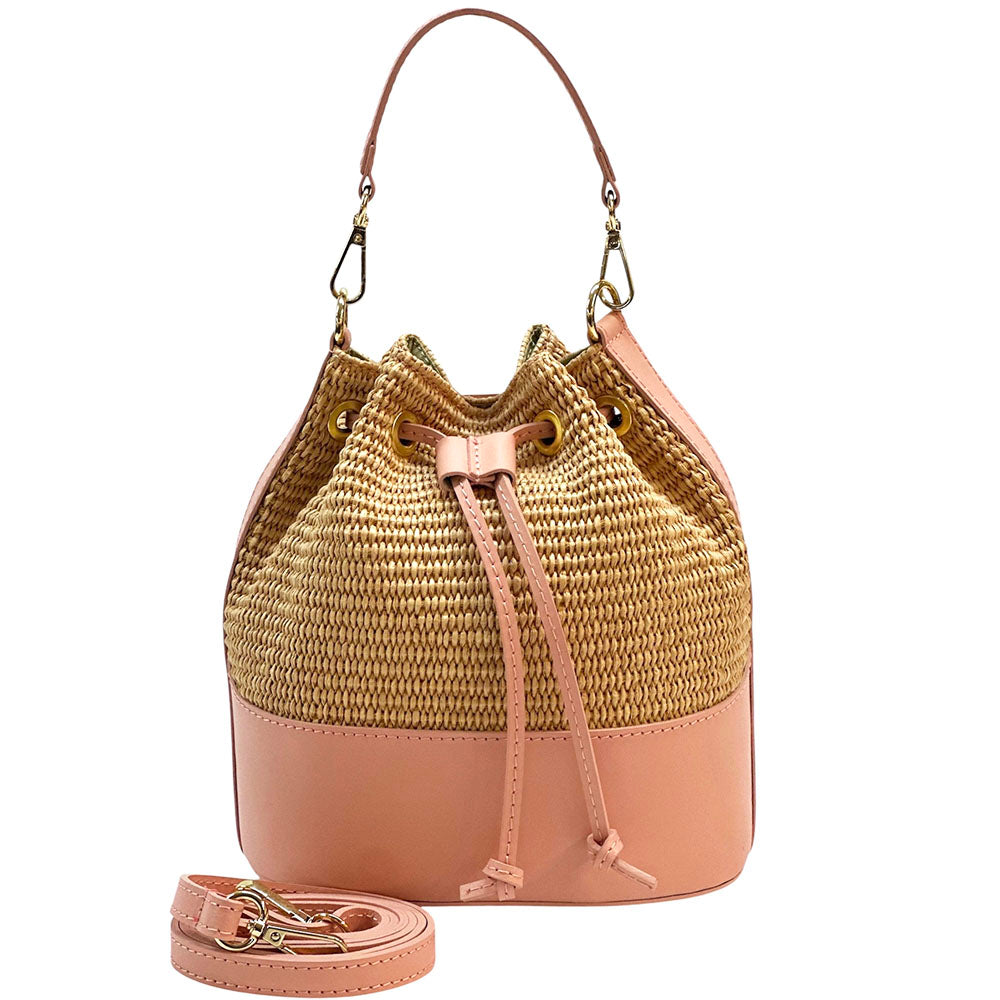 Ischia Bucket Bag in Rafia and Italian Leather - Made In Italy