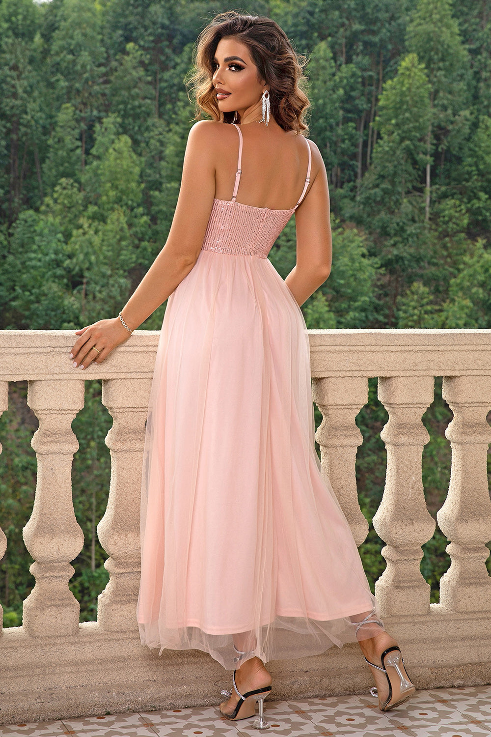 Bridesmaid Spaghetti Strap Slit Mesh Dress