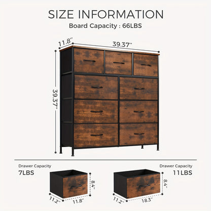 9-Drawer Idle Way Dresser - Sturdy Metal Frame, Wood Tabletop, Fabric Closet Organizer, Chest Storage Tower for Bedroom, Living Room, and Entryway