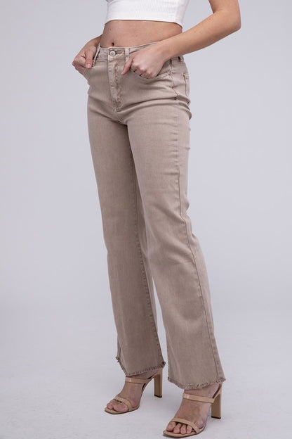 Acid -washed frayed cutoff hem straight wide pants.