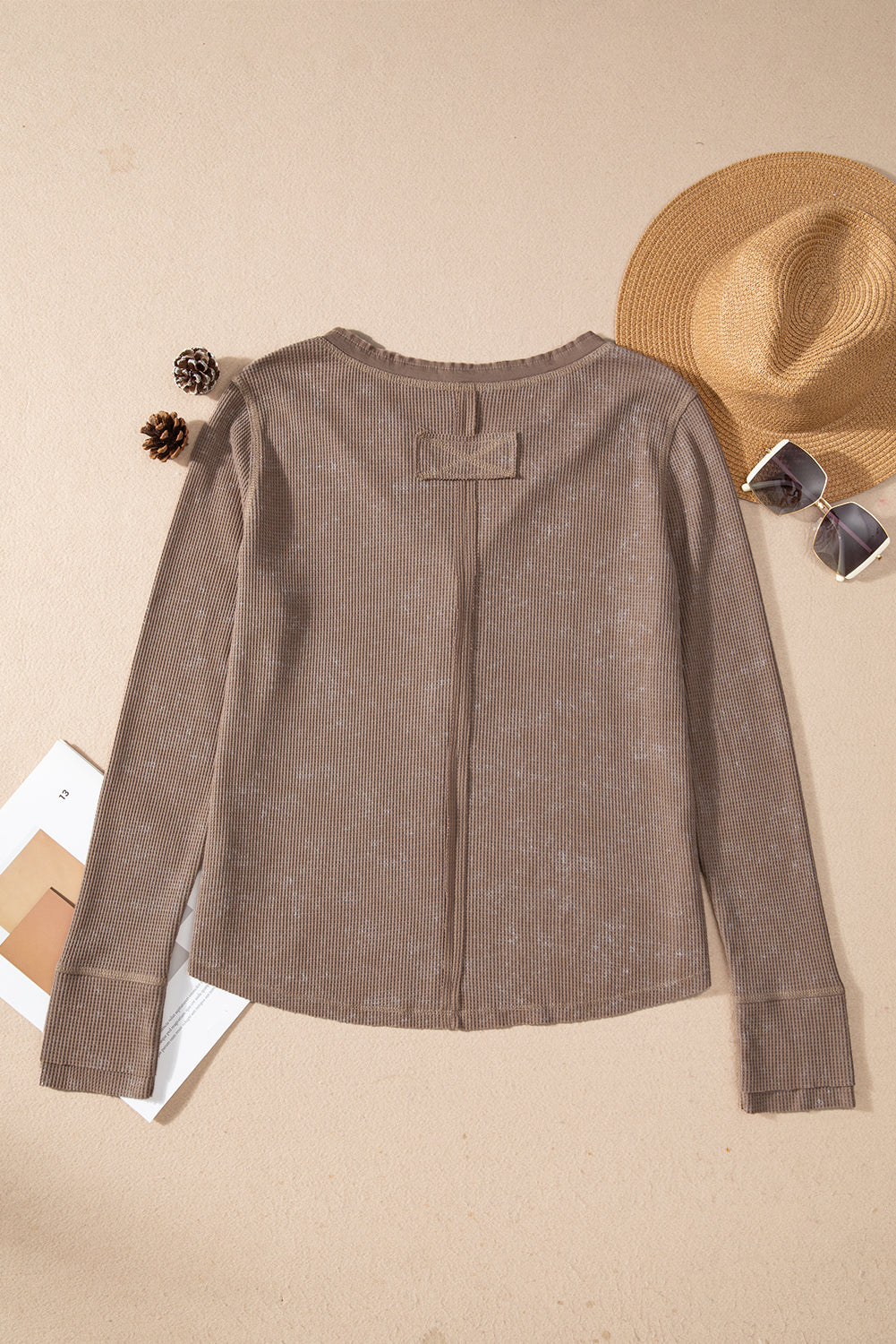 Coffee Acid Wash Waffle Knit Buttoned Neckline Long Sleeve Top