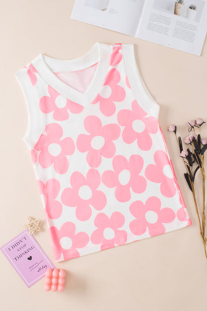 Charming Pink Floral Knitted V-Neck Sleeveless Tank Top