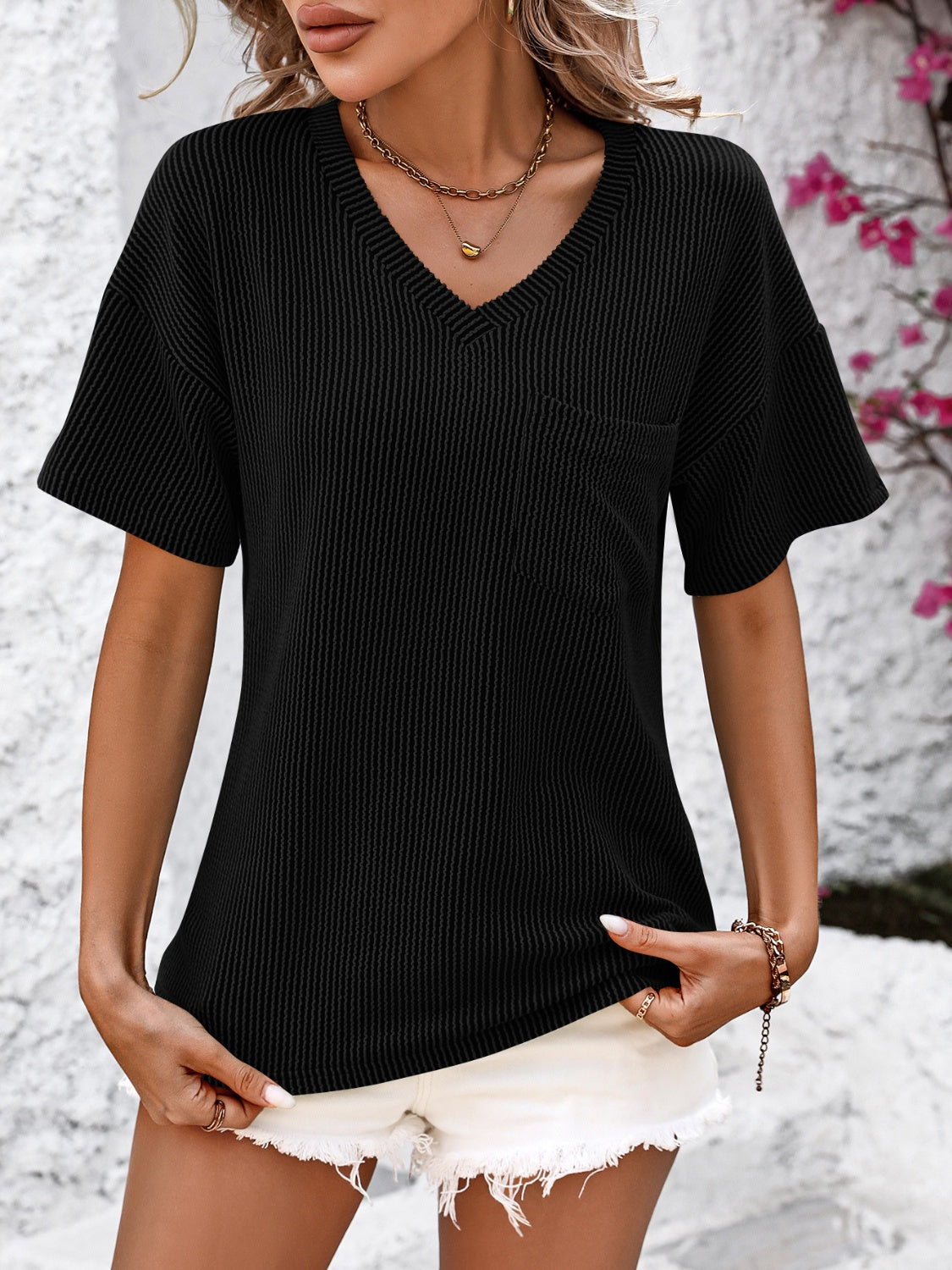 V-Neck Oversized Pocketed Top