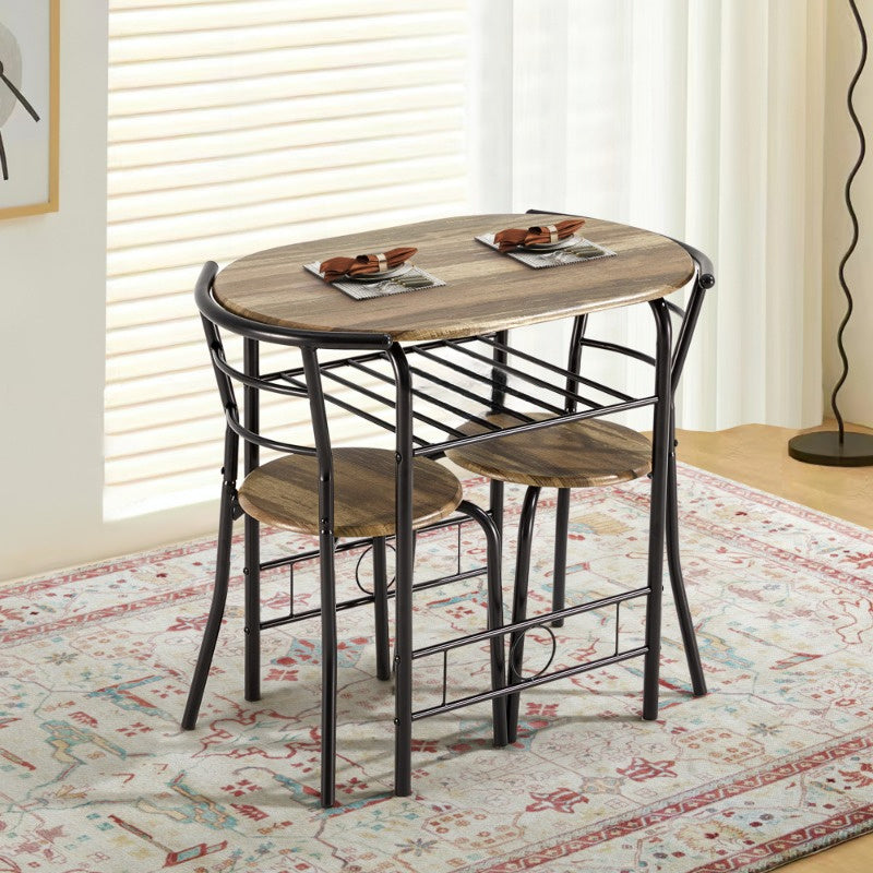 3pcs Dining Table Set for 2, Kitchen Table and Chair Set with Tabletop &amp; PVC Veneer, Compact Dining Table Set with Metal Frame and Built-in Rack, for Small space