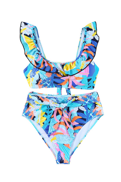 Green Tropical Print Ruffled Square Neck Tie High Waist Swimsuit