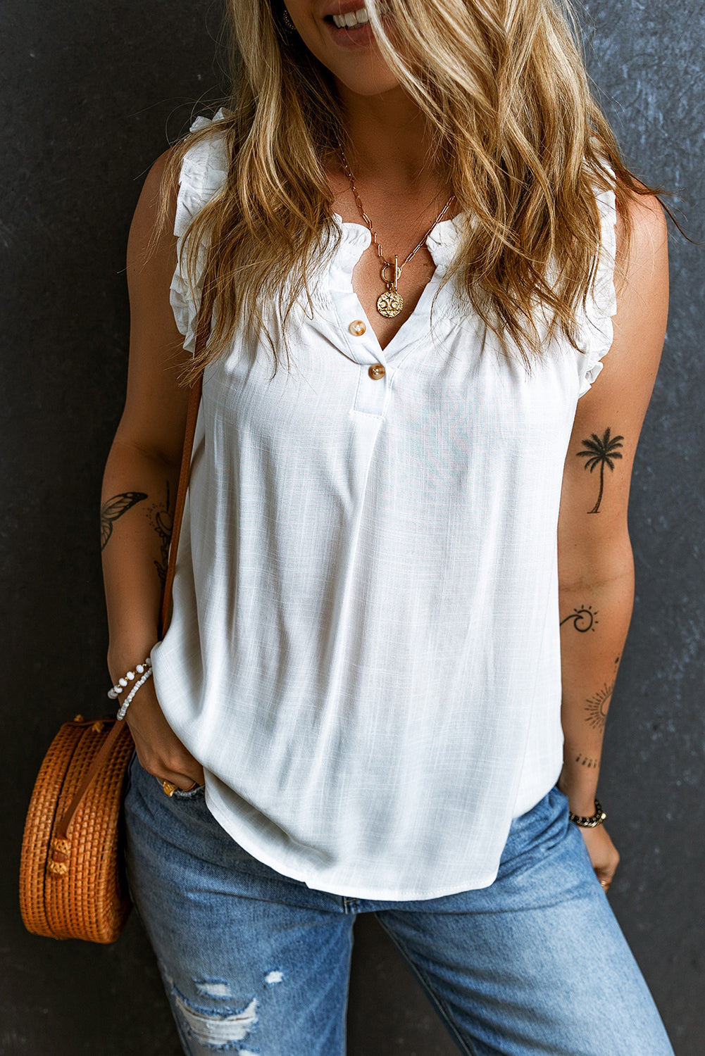 Chic White Ruffled Tank Top with Buttoned Neck and Split Design