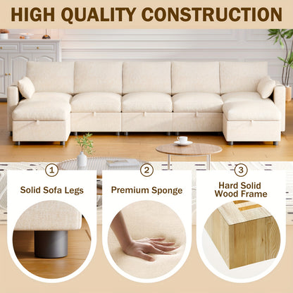 Multi-Seater Fabric Sectional Sofa | Comfortable Sectional Sofa With Storage, Cup Holder, Soft Recliner Combination Sofa For Living Room Or Office, Beige