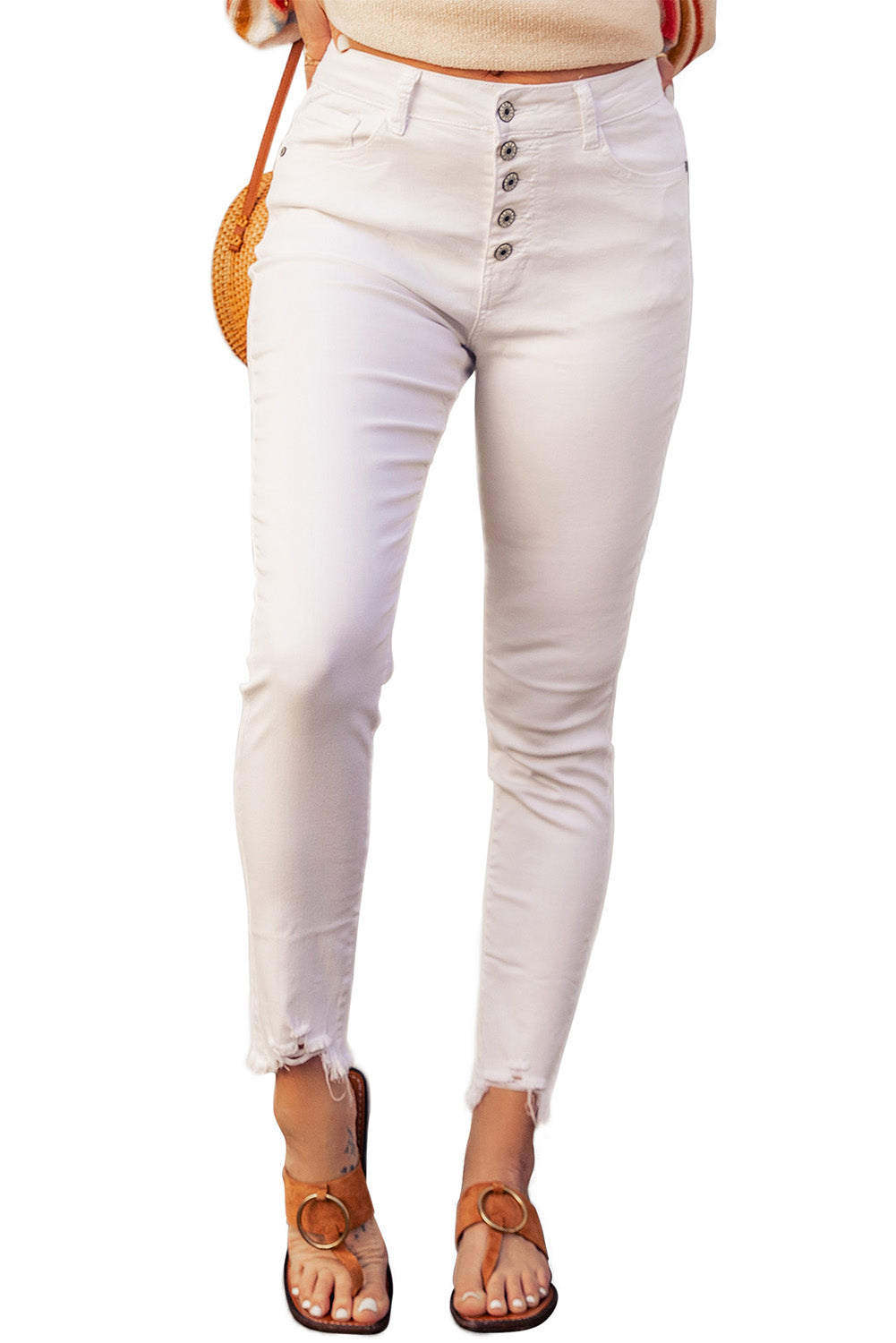 White Plain High Waist Buttons Frayed Cropped Denim Jeans