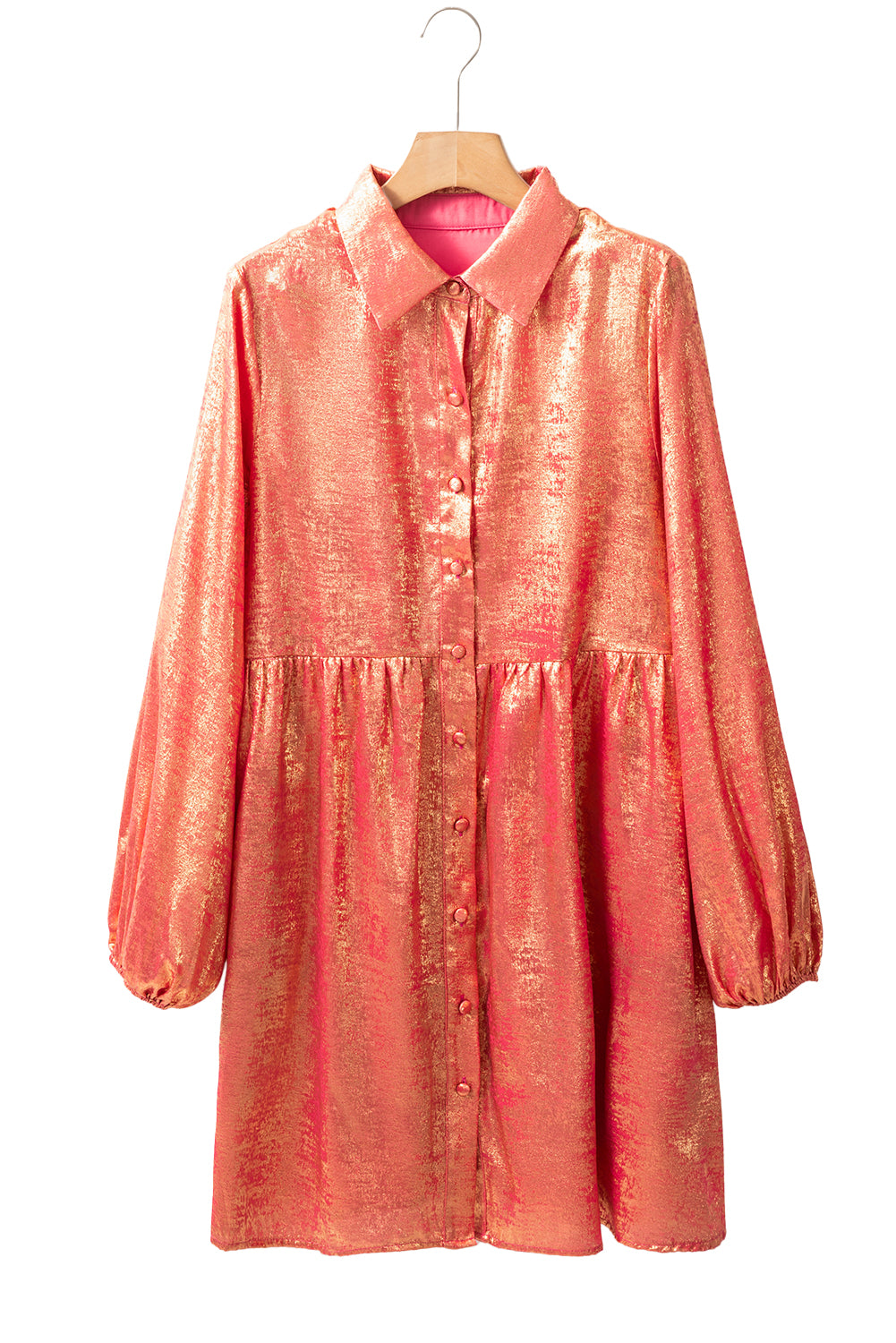 Metallic Sheen Puff Sleeve Button Up Mini Shirt Dress: Peach Blossom