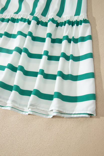 Sky Blue Stripe Ricrac Trim Notched Neck Half Sleeve Vacation Dress