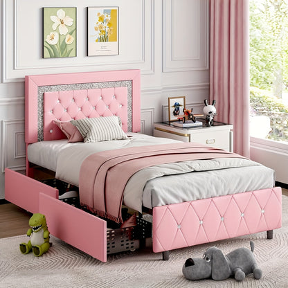 Twin Full Queen King Size Bed Frames With LED Lights And Storage Drawers, Upholstered Platform Bed With Diamond Headboard, Princess Platform Bed,