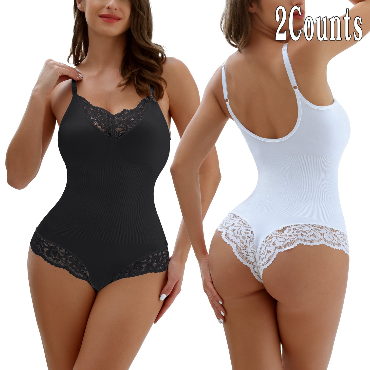 Plus Size Lace Thong Open Crotch Abdominal Support Bodysuit Strap Shapewear Underwear