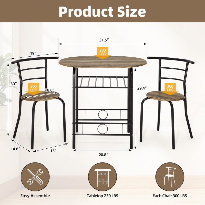 3pcs Dining Table Set for 2, Kitchen Table and Chair Set with Tabletop &amp; PVC Veneer, Compact Dining Table Set with Metal Frame and Built-in Rack, for Small space