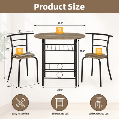 3pcs Dining Table Set for 2, Kitchen Table and Chair Set with Tabletop &amp; PVC Veneer, Compact Dining Table Set with Metal Frame and Built-in Rack, for Small space