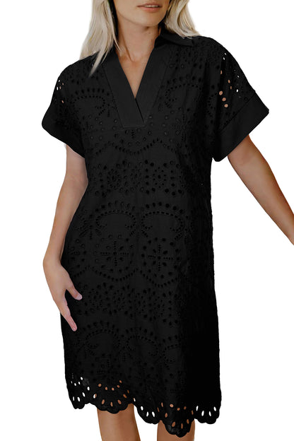 Green Solid Color Eyelet Embroidered T Shirt Mini Dress