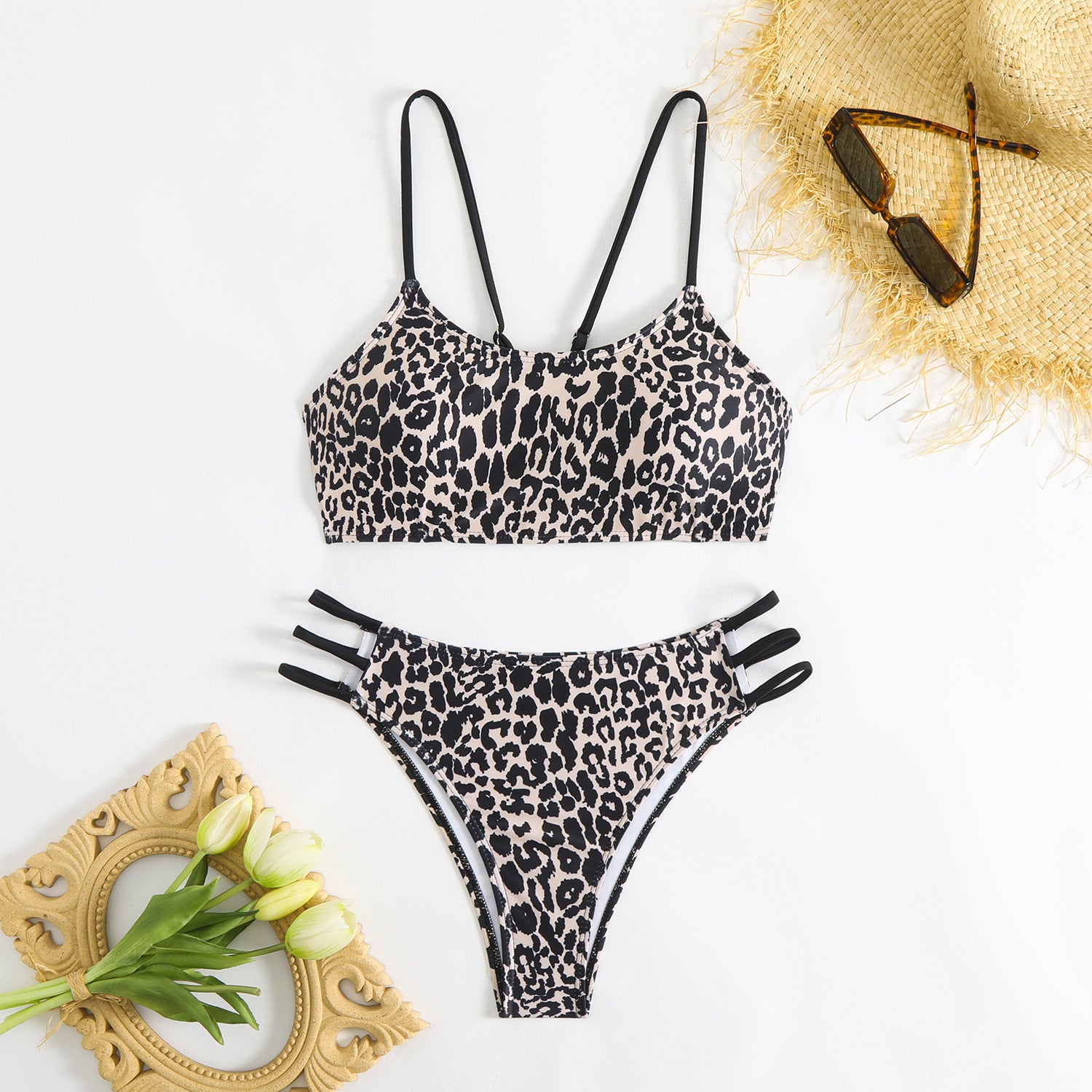 Leopard print multi rope hollow swimsuit bikini
