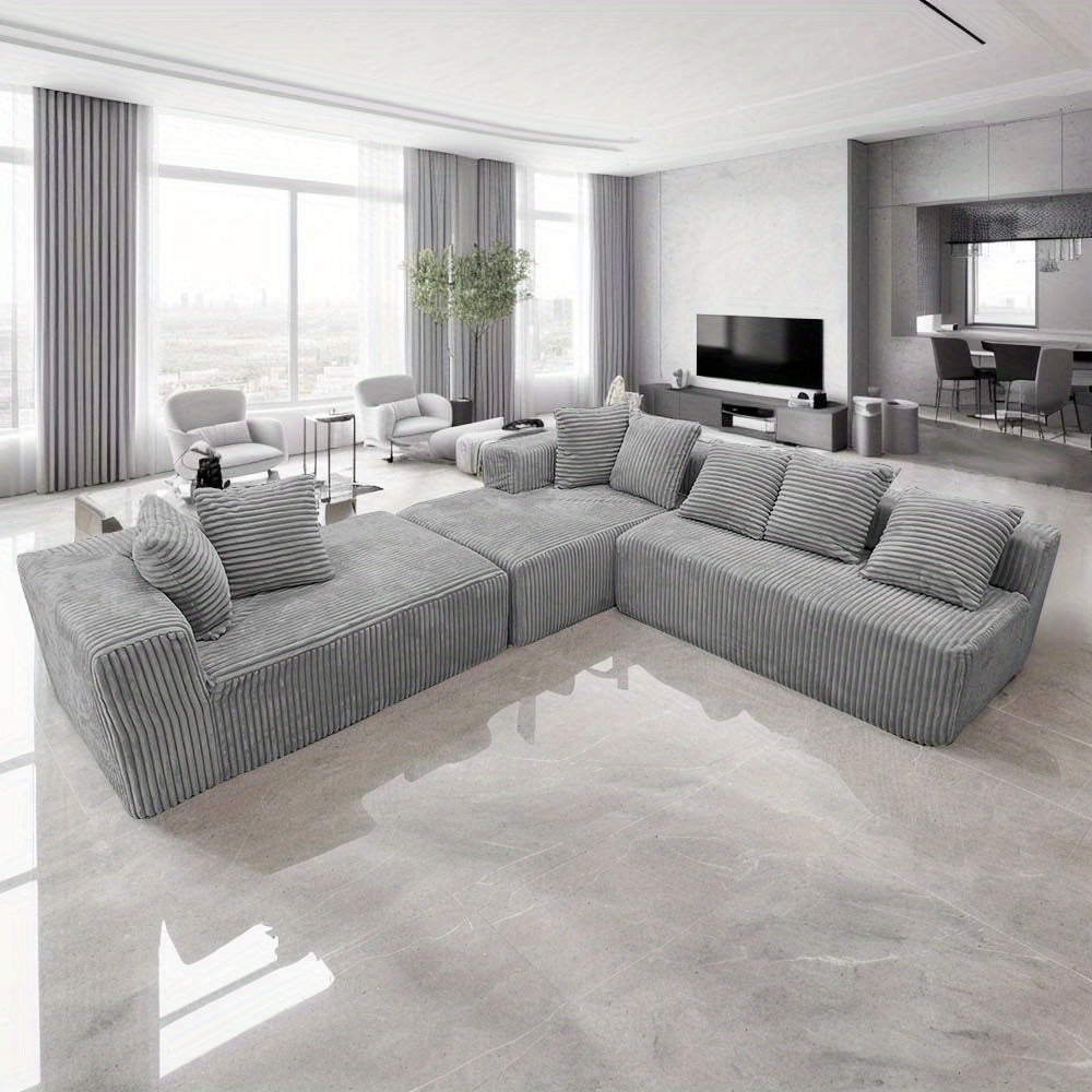 4-Seater Modular U-Shaped Sectional Sofa with Chaise Lounge | Striped Corduroy Upholstery, Grey | Free Configuration, Easy Assembly