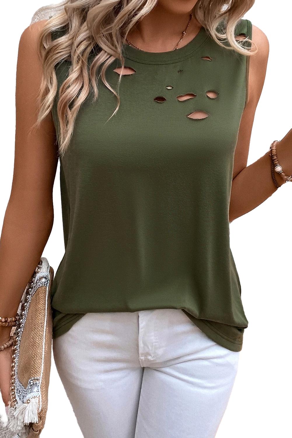 Distressed Jungle Green Crew Neck Sleeveless Tank Top