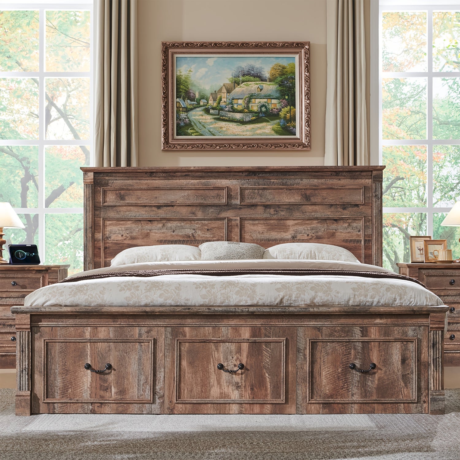 Rustic Farmhouse Full-Size Bed Frame with Tall Headboard