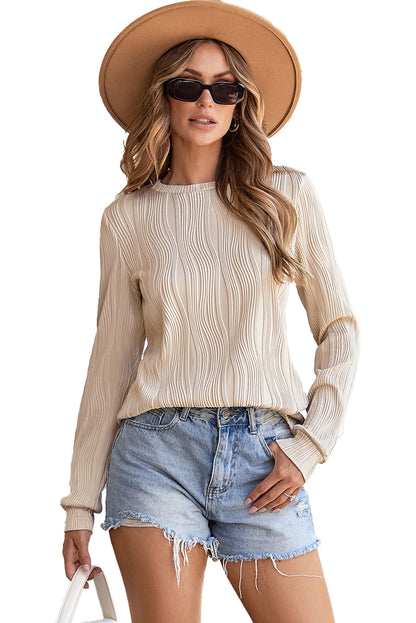 Apricot Textured Wavy Round Neck Long Sleeve Top