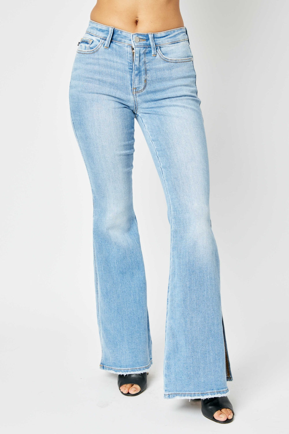 Judy Blue Full Size Middle Rise Raw Hem Slit Flare Jeans