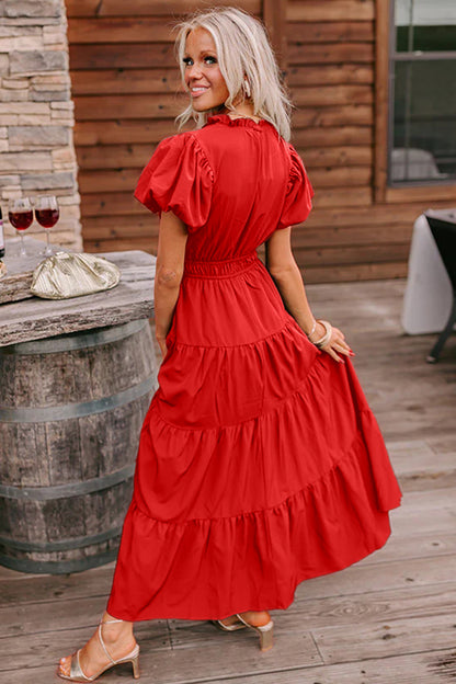 Bright Green Solid Color V Neck Short Puff Sleeve High Waist Tiered Maxi Dress