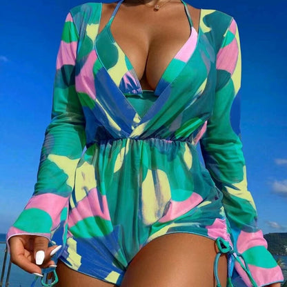 Jumpsuit long sleeved mesh hood bikini three piece swimsuit women&