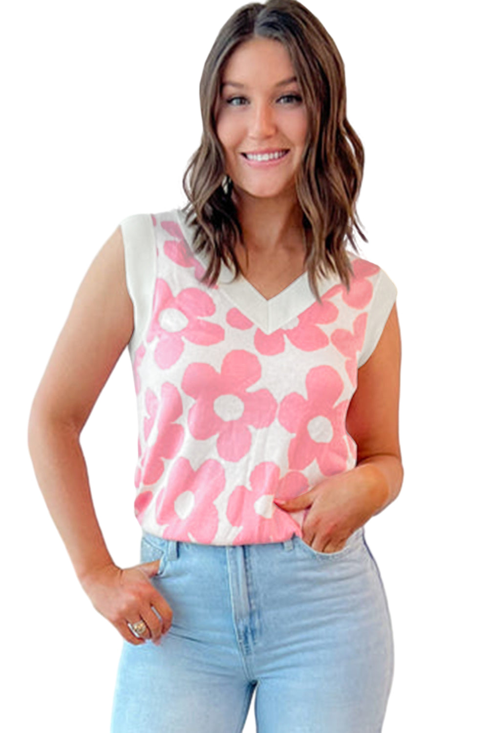 Charming Pink Floral Knitted V-Neck Sleeveless Tank Top