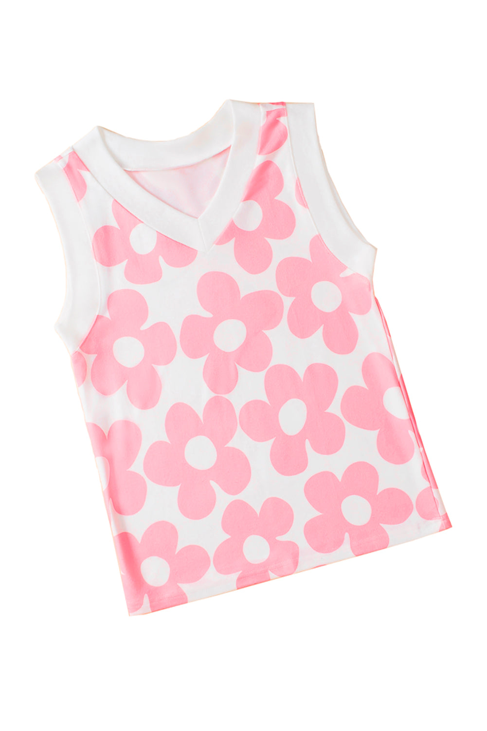 Charming Pink Floral Knitted V-Neck Sleeveless Tank Top