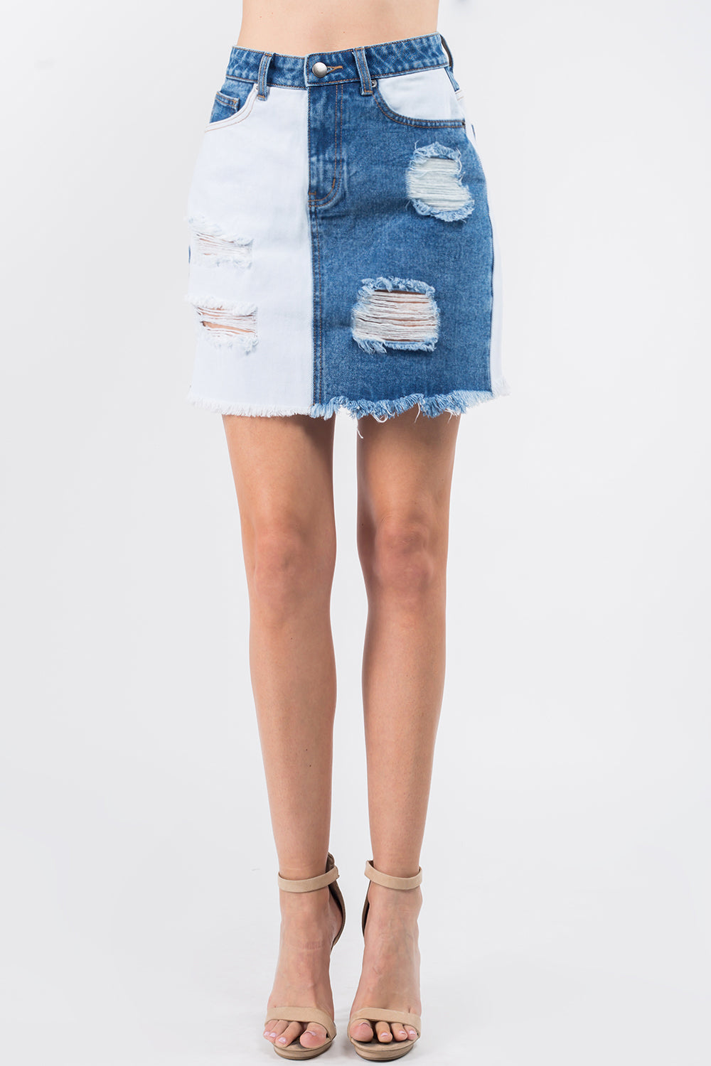 Americans Bazi Contrast Patched Frayed Denim Distressed Skirts