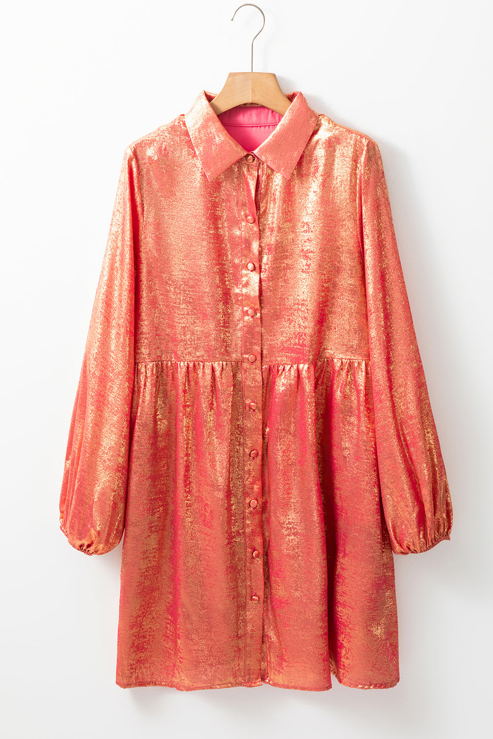 Metallic Sheen Puff Sleeve Button Up Mini Shirt Dress: Peach Blossom