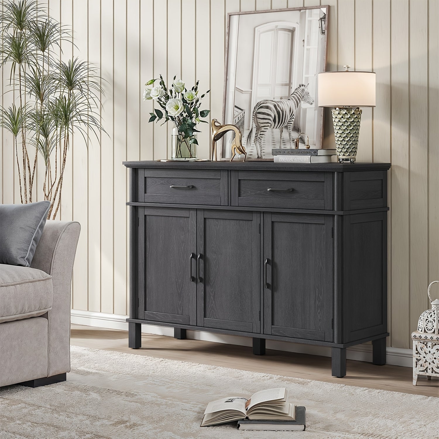 48&quot; Black Farmhouse Sideboard with Storage - Wooden Coffee Bar Cabinet Featuring 2 Drawers, 3 Doors &amp; Adjustable Shelves