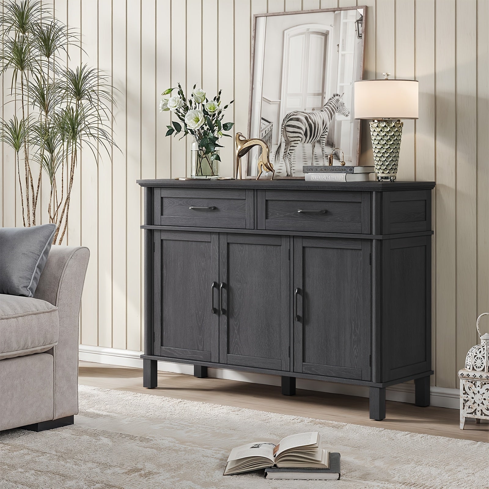48&quot; Black Farmhouse Sideboard with Storage - Wooden Coffee Bar Cabinet Featuring 2 Drawers, 3 Doors &amp; Adjustable Shelves