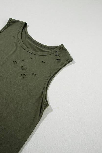 Distressed Jungle Green Crew Neck Sleeveless Tank Top