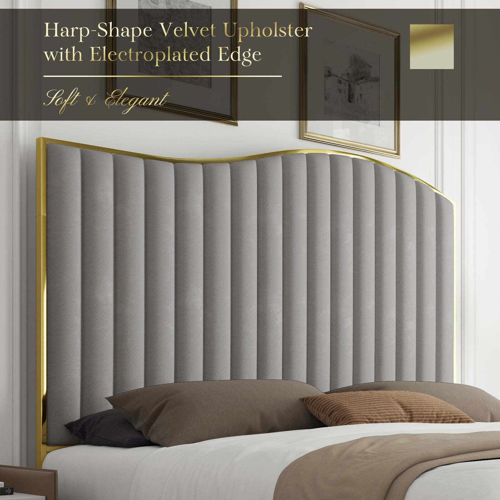 [Luxury | Velvet] Gray Luxury Velvet Platform Bed | 61.4&quot; High Headboard, Contemporary Design, Metal Frame