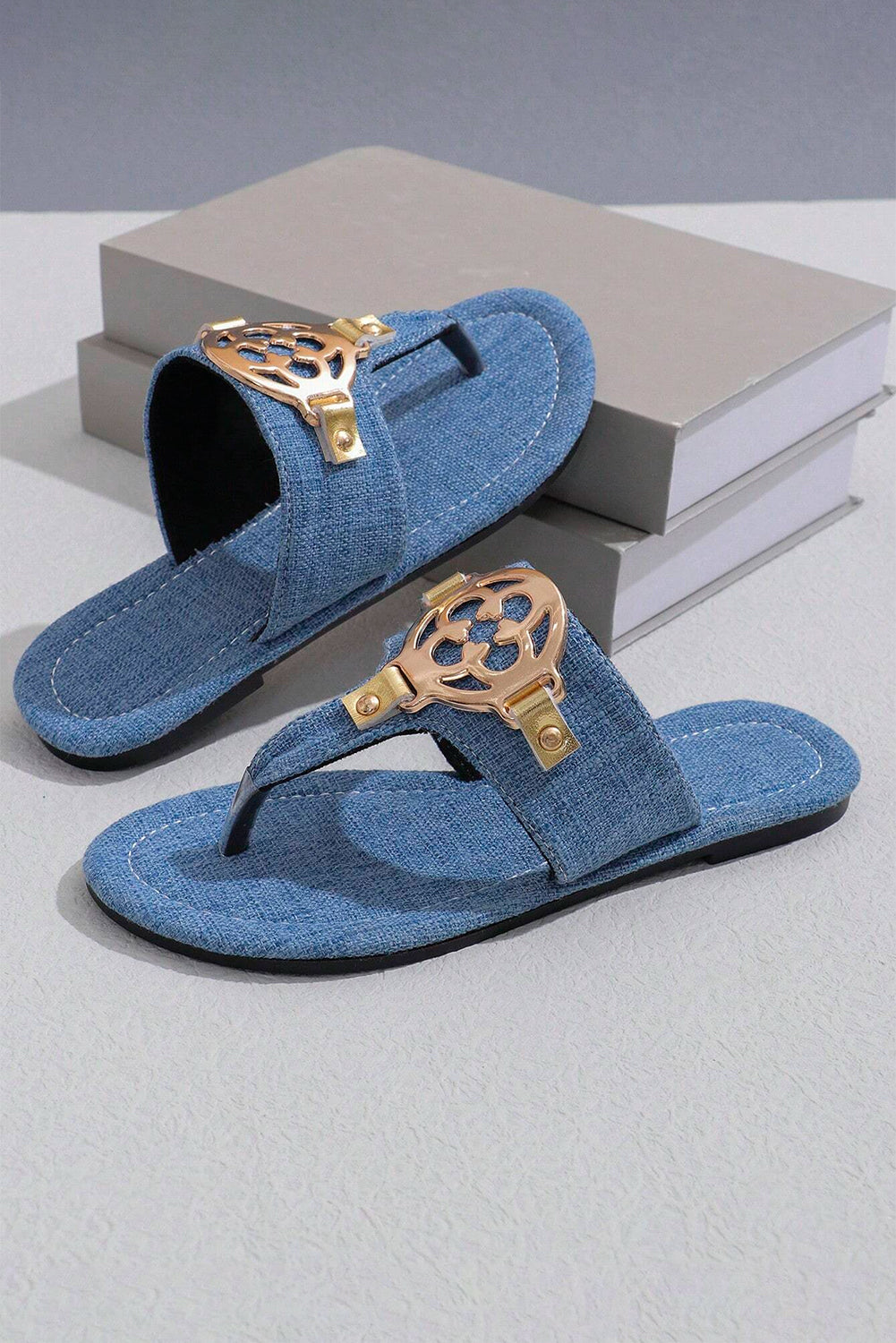 Dusk Blue Metal Decor Leather Thong Slippers