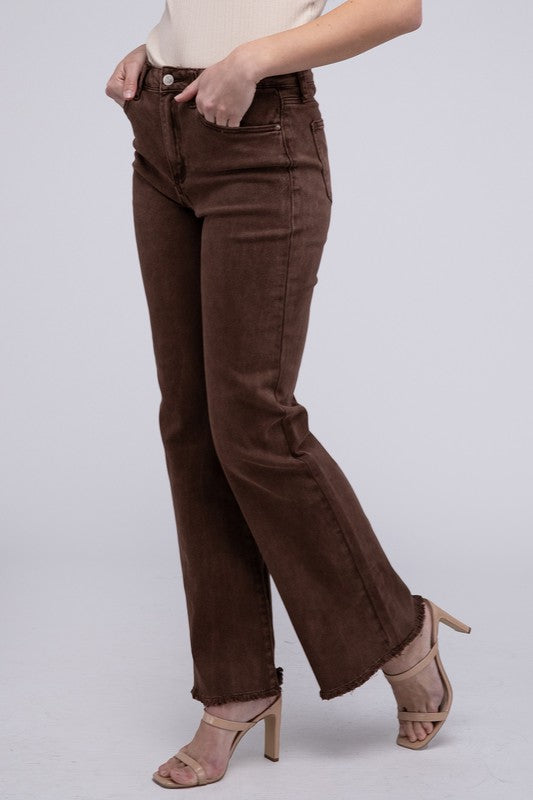 Acid -washed frayed cutoff hem straight wide pants.