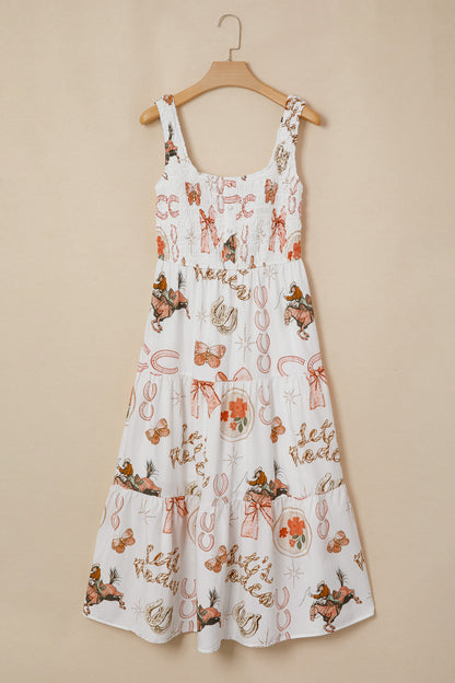 White Western Horseshoe Print U-Neck Sleeveless Midi Dress