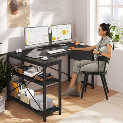 L Shaped Computer Desk With Power Outlets, Computer Desk With Storage Shelves, Home Office Corner Desk For Work, Writing Study Desk With Gaming Desk For Bedroom Office Dorm