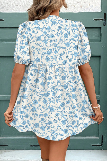 Sky Blue Leopard Contrast Bow Puff Sleeve Mini Dress